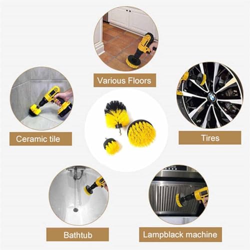 3-Pack Home Cleaning Drill Brush Set for Flooring, Tile, Grout, Kitchen & Bathroom Also Used for Car Detailing Tire, Engine Cleaning Brush Set Durable (Yellow)