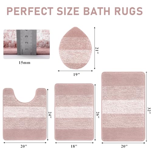 Bsmathom Bathroom Rug Set, 4 Piece, Pink | Microfiber, Non Slip, With Toilet Cover, Washable, Absorbent - color: Pink, size: 18"x26"+20"x31"+U20"x24"+Cover19"x21"