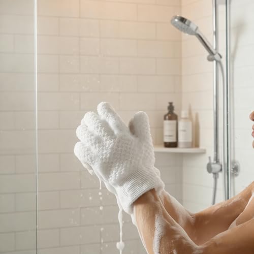 Exfoliating Bath Gloves 2 Pairs - Heavy Texture Body Scrub Gloves for Shower, Spa, Massage and Body Scrubs, Dead Skin Remover, Washing Gloves with Hanging Loop(Milk White) - color: White