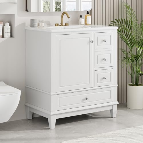 Linique 30" Modern Bathroom Vanity with Sink Combo Set, Solid Wood Frame Bathroom Storage Cabinet with 3 Drawers, Soft Closing Cabinet Door with Organizer, White - color: White, size: 30"/ Door with Organizer
