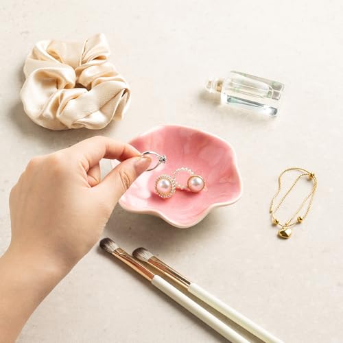 Ceramic Lotus Leaf Trinket Dish, Ring Holder for Jewelry | Keeps earrings, necklaces, keys, and keepsakes handy on vanities or nightstands, a sweet gift for moms, sisters, and friends - color: Pink
