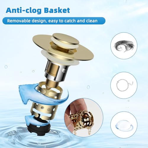 Universal Bathroom Sink Drain Stopper Hair Catcher, Brushed Gold | Upgraded with 2-Layer Detachable Filter Basket, 4 in 1 Pop Up Drain Strainer, Anti-Clog, Fit for 1.1''~2.36'' Sinks - color: Brushed Gold Finish