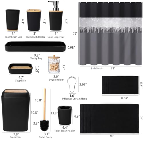 XLHOMO Black Bathroom Accessories with Glitter Shower Curtain,Towel Set 24 PCS Bathroom Set with Shower Curtain Set Bathroom Set Black Shower Curtain with Bathroom Trash Can - size: Bath Set+Shower Curtain, style: Black