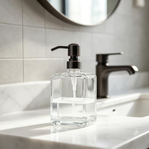 Square Clear Glass Dish Soap Dispenser Oil Rubbed Bronze Pump, Antique Refillable 13.5 oz Hand Soap Lotion Dispenser with Rust Proof Stainless Steel Pump for Bathroom Kitchen - color: Oil Rubbed Bronze, size: 13.5oz-Square