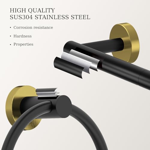 Black and Gold Toilet Paper Holder & Towel Holder, Bathroom Hardware Set-SUS304 Stainless Steel Double Post Pivoting Tissue Roll Holder and Hand Towel Ring Set for Bathroom, RV - color: Black Gold