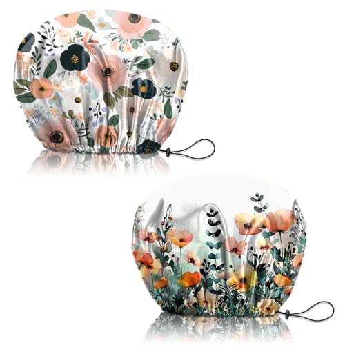 2 PCS Shower Cap Reusable Waterproof Adjustable Double Layer Elastic Dry Hair Bathing Caps Aesthetic Cute for Women Girls-Red Flower - color: H-20-Red Flower
