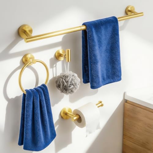 HOMOTEK 4 Pieces Bathroom Accessories Hardware Set, 24 inch Towel Bar, Towel Ring, Robe Hook, Toilet Paper Holder, Stainless Steel Rack Kit Wall Mounted, Gold - color: Gold