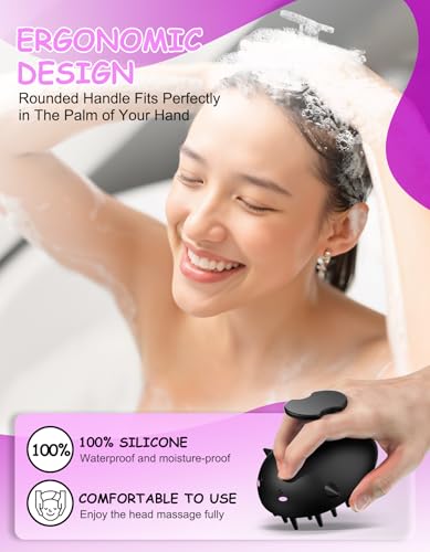 Silicone Scalp Scrubber for Exfoliation, Shampoo Brush Head Massager, Black | Wet & Dry Hair Care Brush for Thick, Thin or Curly Hair, Easy-Rinse One-Piece Design Helps Reduce Trapped Water After Shower - color: Black
