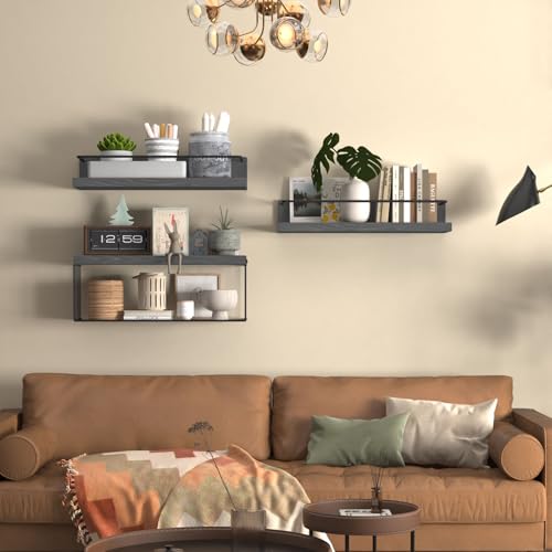 PopiShelves Bathroom Shelves Over Toilet for Wall, Floating Shelves with Storage Basket Paper Holer for Kitchen Living Room, Bedroom & Classroom, Set of 3 (Grey) - color: Grey, size: 15.7"