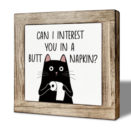 Funny Black Cat Bathroom Decor Wooden Sign, Can I Interest You in A Butt Napkin, Washroom Decoration for Table Shelf, Rustic Bathroom Wooden Table Top Decor 5.9×5.9 inch - color: color32
