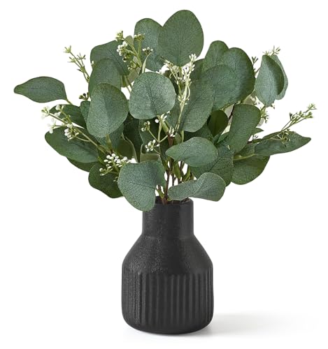 Dahey Artificial Eucalyptus Stems in Small Ceramic Vase Centerpiece Table Decorations Modern Farmhouse Decor Fake Eucalyptus Plants with Vase for Bathroom Kitchen Shelf Living Room Home Decor, Black - color: Black, size: Small