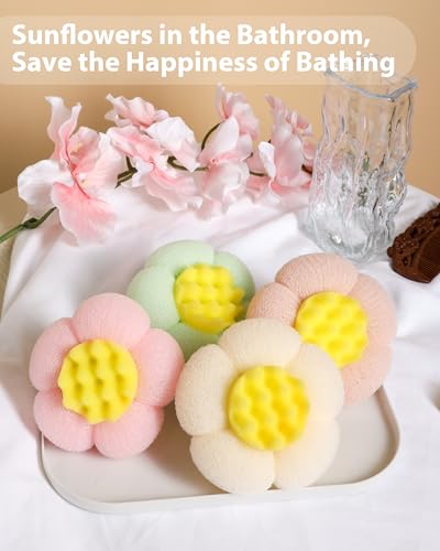 4 Pcs Bath Sponge, 2026 Upgrade Super Soft Yellow Flower-Shaped Suction Cup Bath Sponge, Upgraded 2-in-1 Flower-Shaped Ball Exfoliating Bath loofah Cleaning Brush, Mesh Shower Body Sponger4 Color - style: White+Pink+Green+Light Pink