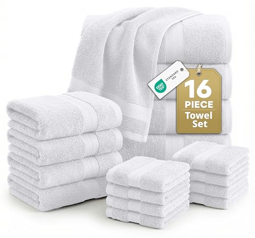 LANE LINEN 100% Cotton Bath Towel Set - 16 Pieces - Super Soft, Highly Absorbent & Quick Dry - 4 Bath, 8 Washcloths, 4 Hand Towels for Bathroom - Hotel Quality, Ideal for Spa, Gym & Travel - White - color: 02: White