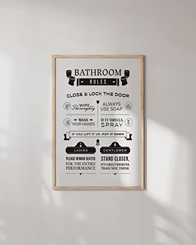 HAUS AND HUES Funny Bathroom Wall Art – Toilet Rules Poster, Humorous Restroom Sign, Playful Washroom Design (24x36, Beige Frame) - color: Rules, size: 24"L x 36"W, style: Beige Framed