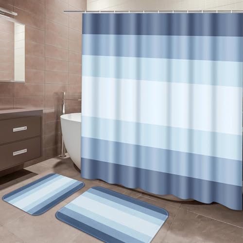 ArtSocket Blue Coastal Ombre Bathroom Set with Shower Curtain and Bath Rugs and Accessories, Striped Nautical Modern Non-Slip 3 Piece Set, 72"L x 72"W Curtain with 23.6"L x 15.7"W + 19.7"x 31.5" Rugs - color: Blue Ombre