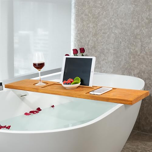 VaeFae Teak Bathtub Tray Table, Wooden Bath Board for Tub with Wine and iPad Holder - size: 34.3" x 7.8" x 0.8"
