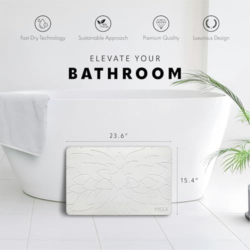 Diatomaceous Earth Stone Bath Mat - Ivory Bloom | Modern Fast Dry Bathroom Floor Shower Mat, Quick Drying Premium Luxury Diatomite Spa Stone Gift, Non-Slip Base, 23.6” x 15.4” - color: Ivory Bloom