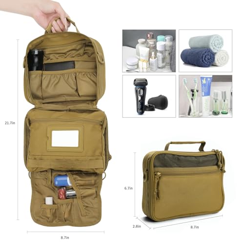 SUNRISING Tactical Toiletry Bag for Men - Hanging Travel Dopp Kit, Shaving Hygiene Organizer, Durable Bathroom Essentials for Short Trips & Camping Khaki（No molle） - color: Khaki（No molle）