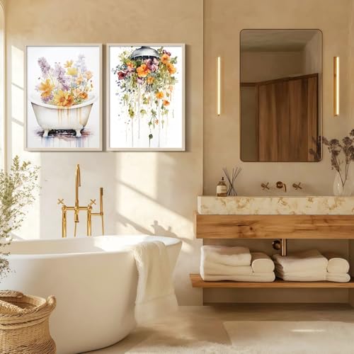 2Pcs Framed Bathtub and Shower Flower Canvas Wall Art Modern Gallery Prints Bathroom Wall Decor Pictures Floral Poster Artwork Living Room Bathroom Apartment 16X24 Inch Ready to Hang - color: Colorful Bathtub and Shower Flower, size: 16L" x 24W"
