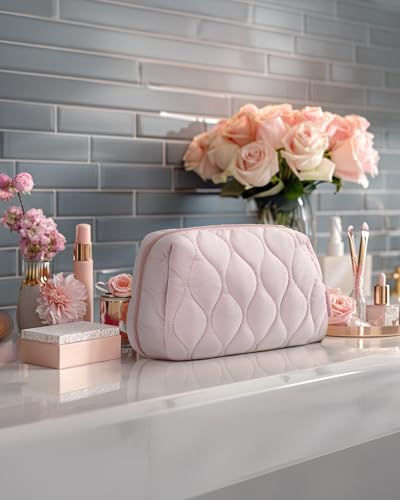 BAGSMART Makeup Bag, Travel Cosmetic Bag, Puffy Padded Make Up Bag for Women, Makeup Organizer Case, Wide-open Pouch Purse, Travel Essentials, Toiletries Accessories Brushes, Beige - color: E-Beige