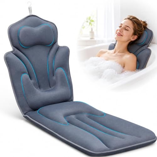 Full Body Bath Pillow for Bathtub Thickened 5D Air Mesh 144 Suction Cups | Bath Pillow Luxury Bathtub Pillow 3.7'' Thick Head, Neck and Back Support Bath Tub Pillow Large 56 x 18 Inch Size - color: Grey, size: Small