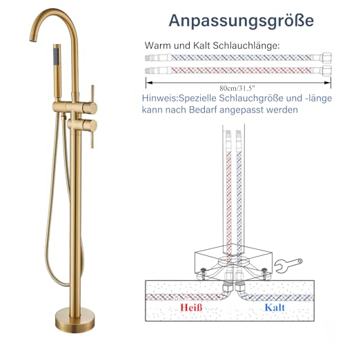 Freestanding Bathtub Faucet Floor Mount Tub Filler Brushed Gold High Flow Shower Faucets with Handheld Shower Mixer Taps Swivel Spout for Bathroom