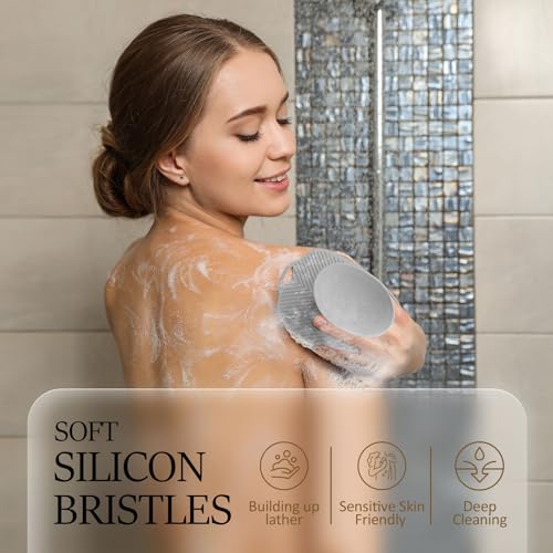 Soft Silicone Body Scrubber, Gentle Like a Hand Exfoliating Your Skin and Build Up Lather Easily, Back Large Suction Cup Easy to Store, Long-Lasting & Deep Clean (Gray) - color: Gray