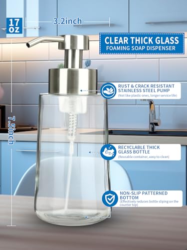 Foaming Hand Soap Dispenser Set, 16 oz Large Glass Soap Dispenser, Foam Dispenser with Stainless Steel Pump & Waterproof Labels, Refillable Soap Bottles for Bathroom Countertop, 2 in 1 - color: Brushed Nickel Foaming