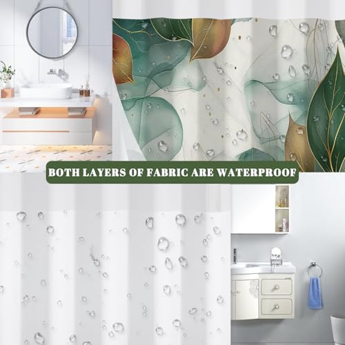 Abstract Botanical Shower Curtain with Snap in Liner - Boho Green Leaf Art Print Bathroom Shower Curtain No Hooks, Waterproof Double Layer Bath Curtain with Mesh Top Window, 71″W x 74″L - color: Cyan Leaves