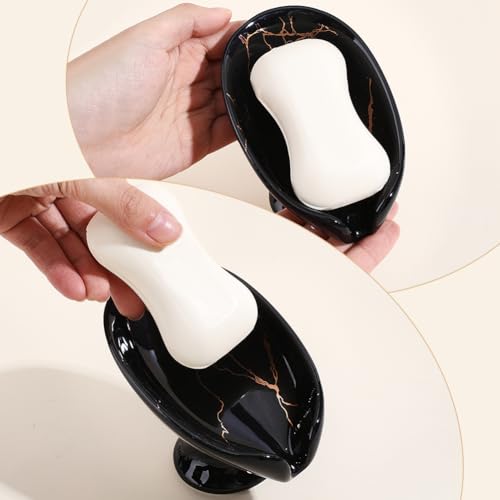 WADORN Soap Dish, Leaf-Shape Self Draining Soap Dish Holder Bar Soap Holder Black and Gold Marble Pattern Ceramic Draining Soaps Tray Porcelain Decorative Soaps Dishes for Sink Bathroom Shower Kitchen - color: Black