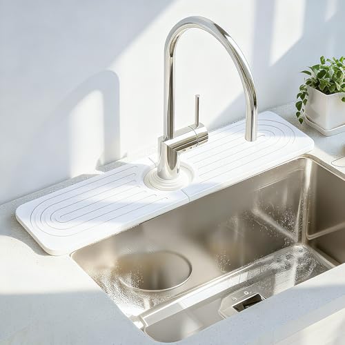 Stone Faucet Mat for Kitchen Sink, Diatomit Fast Drying Stone Mat Sink Protector, Prevent Moisture Water Absorbing Stone Tray for Kitchen Bathroom Counter, 15.8" x 4", White - color: 15.8" x 4"_White