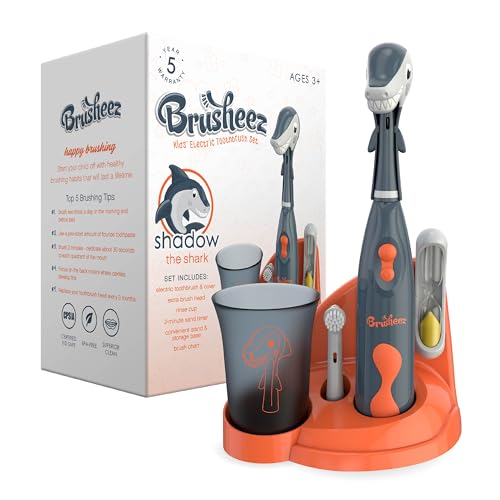 Brusheez Kids’ Electric Toothbrush Set - Safe & Effective for Ages 3+ - Parent Tested & Approved with Gentle Bristles, 2 Brush Heads, Rinse Cup, 2-Minute Timer, & Storage Base (Shadow the Shark) - color: Blue, White