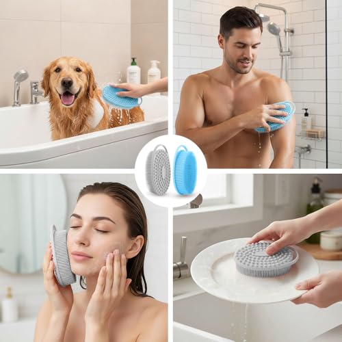 Silicone Body Scrubber 2 Pcs Silicone Loofah Exfoliating Body Scrubber for Men Women Soft Silicones Shower Scrubbers Double Sided Silicones Bath Bodys Brush for All Skin Lather Well, Gray and Blue - size: gray+blue