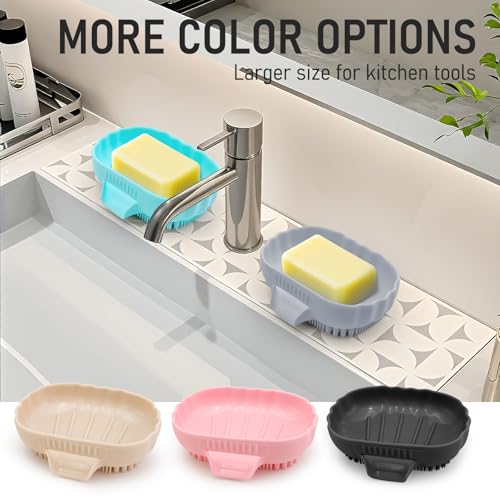 Silicone Soap Dish with Drain 2 Pcs, Anti-Slip Bathroom Bar Soap Holder Dishes Self Draining Waterfall Saver Plate for Shower Sink - Unique Bottom Brush Easy Dry & Clean (Black +Lavender Grey) - color: Black + Grey