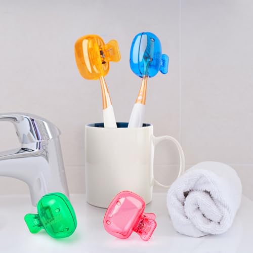 Hxezoc 4 Pack Toothbrush Covers Toothbrush Holders Toothbrush Protector Cap Brush Pod Case Protective Portable Plastic Clip for Household Travel, Bathroom, School, Camping, Business - color: Green, Blue, Orange, Pink