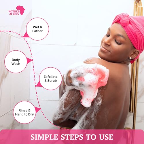 MOTHER AFRICA African Net Sponge Authentic with Knots 2 Pack Black Owned Exfoliating Body Scrubber Bath Sponge for Shower Washcloth Loofah Gentle Deep Cleansing Back Scrubber Face & Body Men & Women - color: Purple & Bright Pink