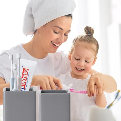 Grey Square Toothbrush Holders for Bathrooms - 2 Cups Ceramic Toothbrush Toothpaste Holders Set, White Square Bathroom Tumbler Cups Reusable Toothbrush Mouthwash Cup, Bathroom Counter Organizer. - color: Grey, size: 2pcs