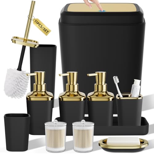 Bathroom Set - 11PC Bathroom Accessory Set, Bathroom Accessories Set, Black Bathroom Set, Push-lid Trash Can, 3PC Soap Dispensers, Toilet Brush & Q-tip Holders - color: Black & Gold, size: Bath Set
