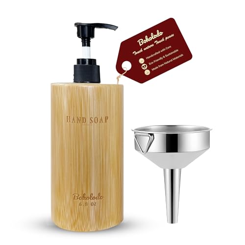 Natural Wood Soap Dispenser 6.9oz with Laser Engraved Bamboo Labels & 3.3" Steel Funnel | Hand Soap Dispenser for Kitchen & Bathroom Sink | Farmhouse & Boho Kitchen Decor, Spa Accessories (Hand Soap) - color: Hand Soap