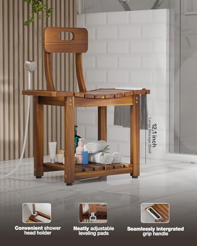 BLUEWEST 23.4'' Shower Chair with Backrest Bath Chair for Inside Shower or Tub, Heavy Duty 450 lbs Support, Non-Slip Feet, Shelf Storage, Built-in Handles for Elderly or Adults (Acacia) - color: Acacia