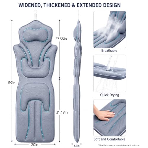 59'' Full Body Bath Pillow for Bathtub 6D Air Mesh 144 Suction Cups | Bath Pillow Luxury Bathtub Pillow 3.7'' Head, Neck and Back Support Bath Tub Pillow Extra-Large 59 x 20 Inch Size - color: Grey, size: Large
