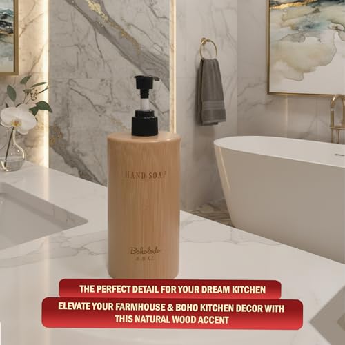 Natural Wood Soap Dispenser 6.9oz with Laser Engraved Bamboo Labels & 3.3" Steel Funnel | Hand Soap Dispenser for Kitchen & Bathroom Sink | Farmhouse & Boho Kitchen Decor, Spa Accessories (Hand Soap) - color: Hand Soap