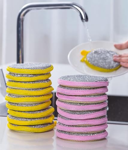Kitchen Pro Dual Action Cleaning Set, 5 Microfiber Scouring Sponges with Yellow Trim, 2 Wire-Reinforced Dishwashing Gloves, Round Scrubbers for Dishes