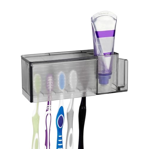 Linkidea 5 Slots Wall Mount Toothbrush Holder with Cover for Bathroom, Plastic Storage Organizer for Toothpaste, Gargle Cup, Compatible with Oral-B Cross Action, Colgate Renewal (Gray) - color: Grey, size: Medium