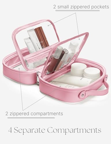 Clear Cosmetic Bag Double Layer Travel Toiletry Bag Clear Makeup Bag Case with 4 Compartments, Transparent Travel Bag for Toiletries, Large Toiletry Bag for Women Cosmetic Case (Pink, Large) - color: Pink, size: Large