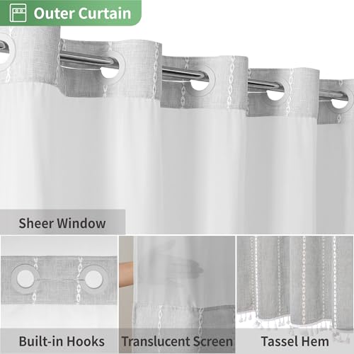 eachope No Hook Stall Shower Curtain with Snap-in Fabric Liner - 54x80 Heavy-Duty Linen Textured Striped Design,Narrow Rustic Modern Farmhouse Bohemian Bathroom Curtain,Water-Repellent,Grey/Gray - color: Grey, size: 54"W x 80"L (Pack of 1)