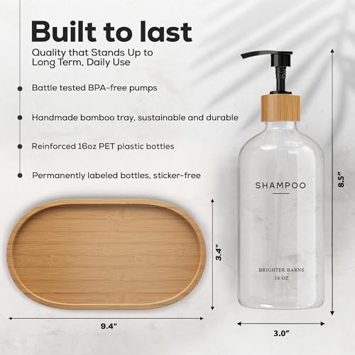Clear Shampoo and Conditioner Dispenser Set by Brighter Barns - Refillable Plastic Shower Dispenser for Bathroom - Shampoo Bottles & Tray - Modern Bathroom Accessory for Hotel, Vacation Rental (Clear) - color: Clear
