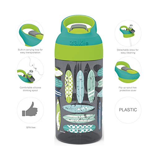 Zak Designs 16oz Riverside Beach Life Kids Water Bottle with Straw and Built in Carrying Loop Made of Durable Plastic, Leak-Proof Design for Travel, 2PK Set - color: Beach Life and Surfing Boards