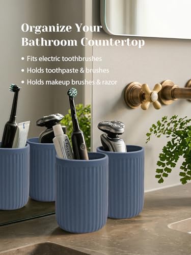 INGOFIN Ceramic Toothbrush Holder, 12 oz Toothpaste Holder Bathroom Cup, Tooth Brush Holder for Vanity Countertop, Organizer Storage for Cosmetic, Makeup, Office Pencils, Matte Blue