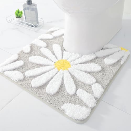 QJHOMO Toilet Rugs U Shaped, Gray Toilet Mat Cute Daisy Contour Bath Rug 20"x20", Extra Thick Soft Machine Washable Toilet Carpet, Non Slip Bathroom Floor Mats Super Absorbent Microfiber Bath Rugs - color: Grey, size: 1'8" x 1'8" (U-Shape)